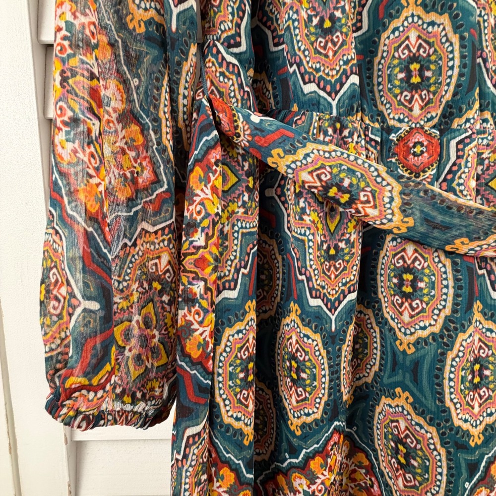 LOFT Midi Dress XL Teal Medallion Print Ruffle Split Neck Long Sleeve NEW - Picture 6 of 16